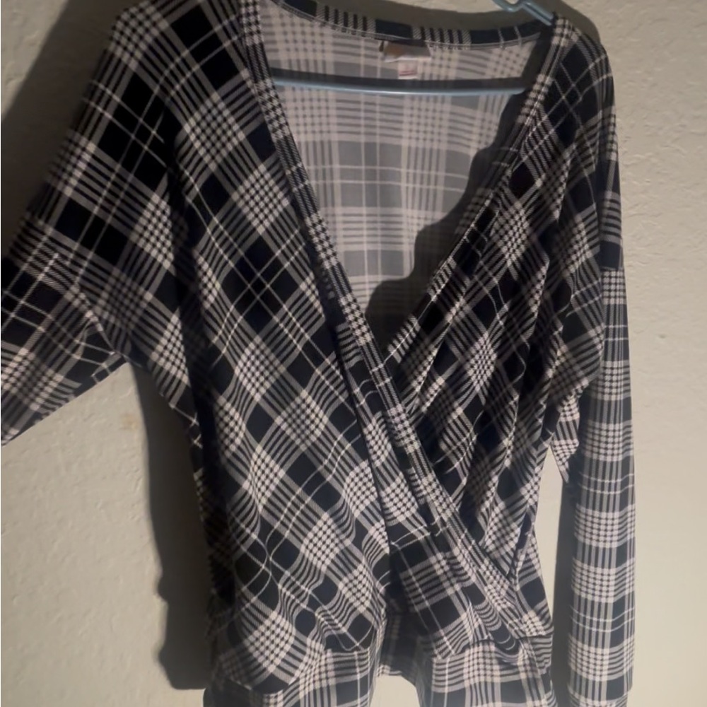 LuLaRoe Rebecca Cross Front Black and White Plaid Top